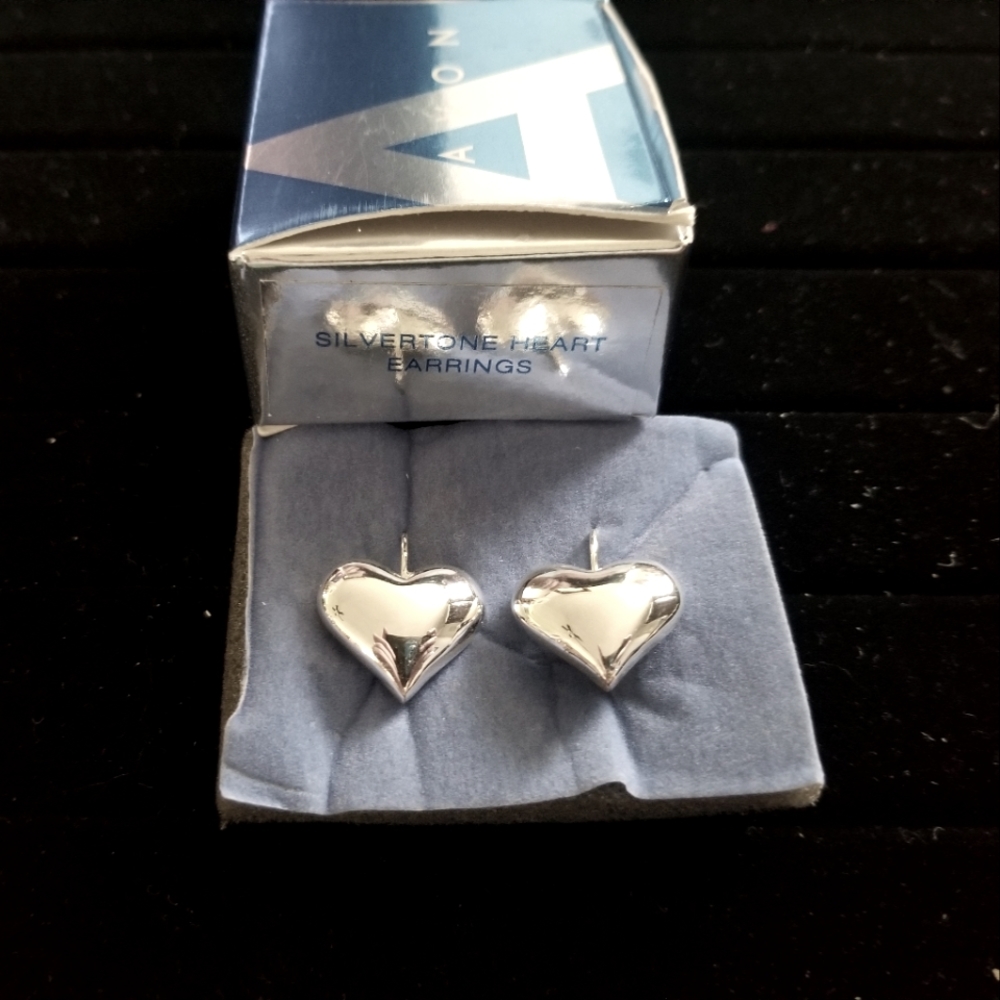 Silvertone Avon Heart Wire Earrings